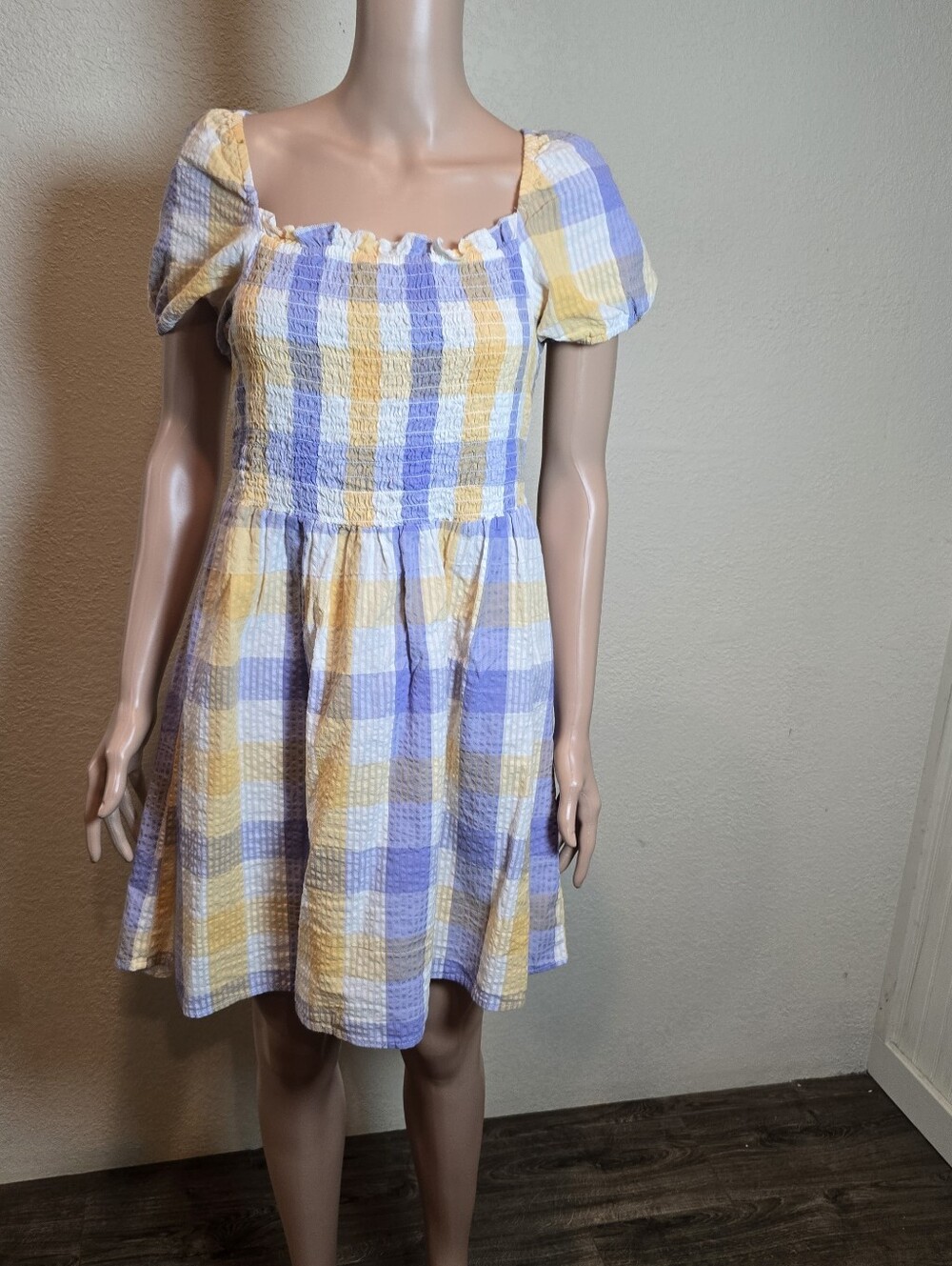 Arizona Plaid Puff-Sleeve Smocked Mini Dress in Yellow & Lavender Size Large - Picture 2 of 10